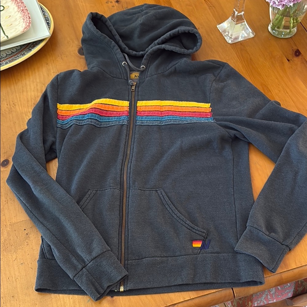 Navy Hoodie with Rainbow Stripes